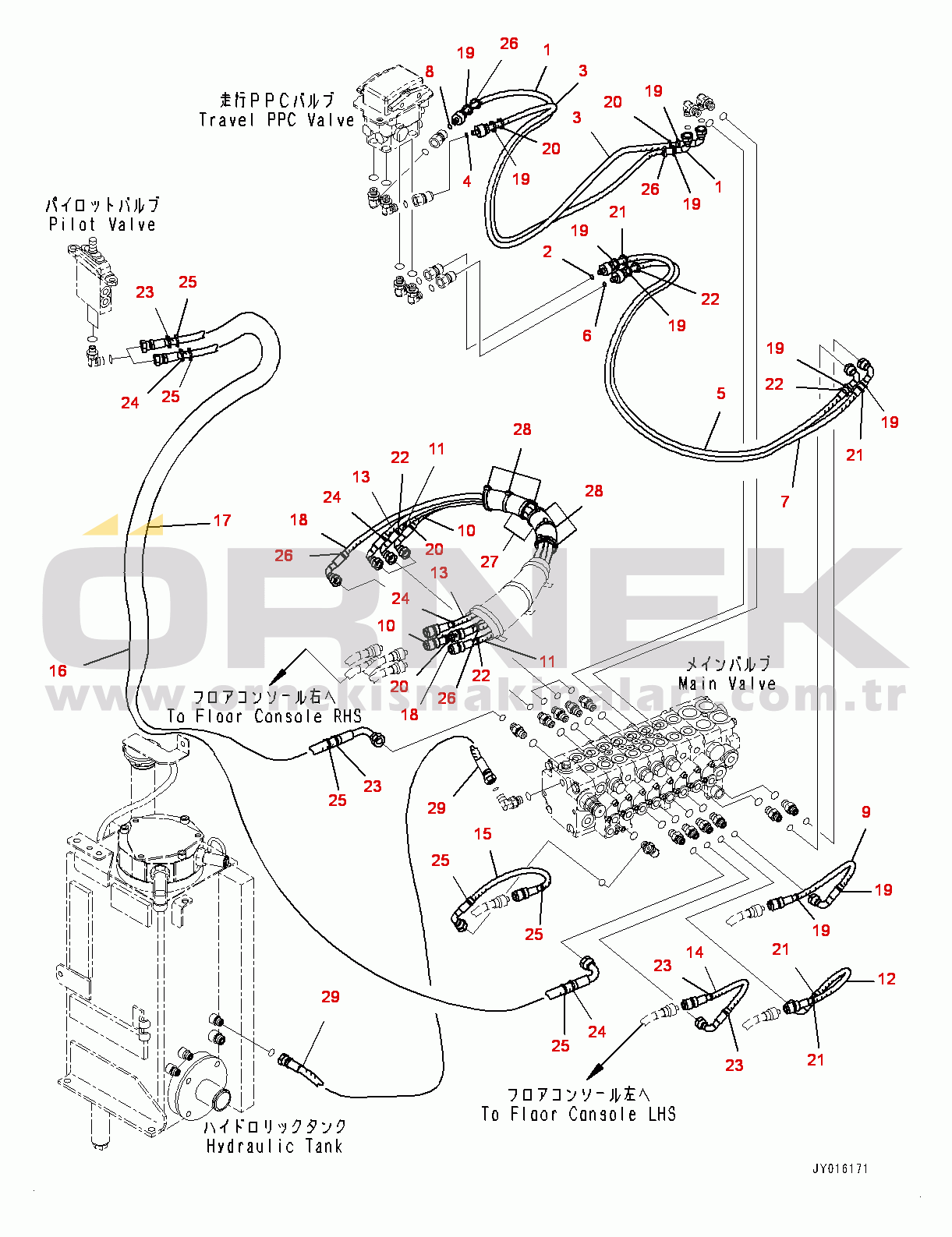Komatsu PC35MR-3 S/N 16595-UP (EU Stan.) Control Valve, PPC Piping (#16595-18000)