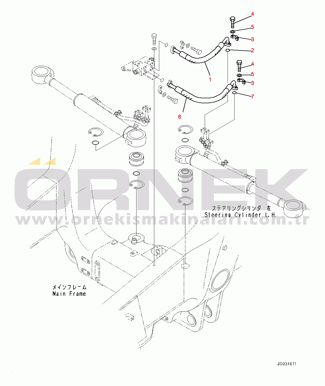 Komatsu HD465-7E0 S/N 10732-UP Steering and Hoist Hydraulic Piping, Steering Cylinder Piping, L.H. (#10732-)