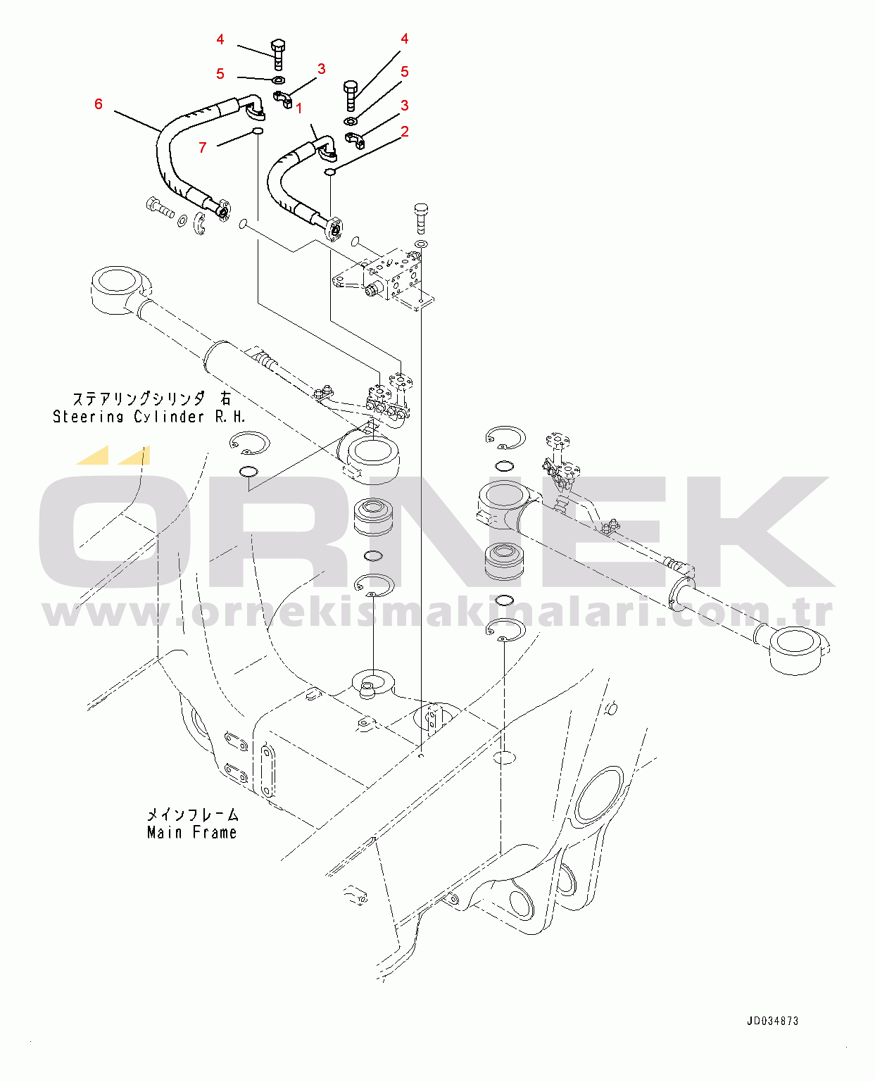 Komatsu HD465-7E0 S/N 10732-UP Steering and Hoist Hydraulic Piping, Steering Cylinder Piping, R.H. (#10732-)