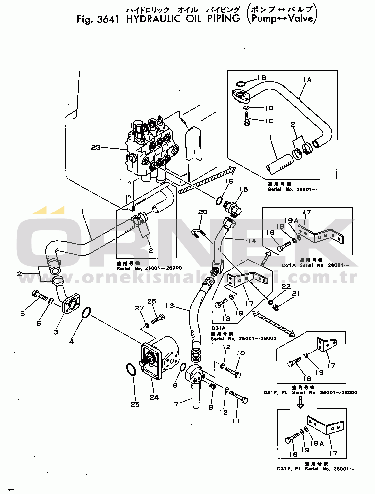 Komatsu D31PL-16 S/N 25001-UP (Incl. D31PLL-16) HYDRAULIC OIL PIPING (PUMP TO VALVE)