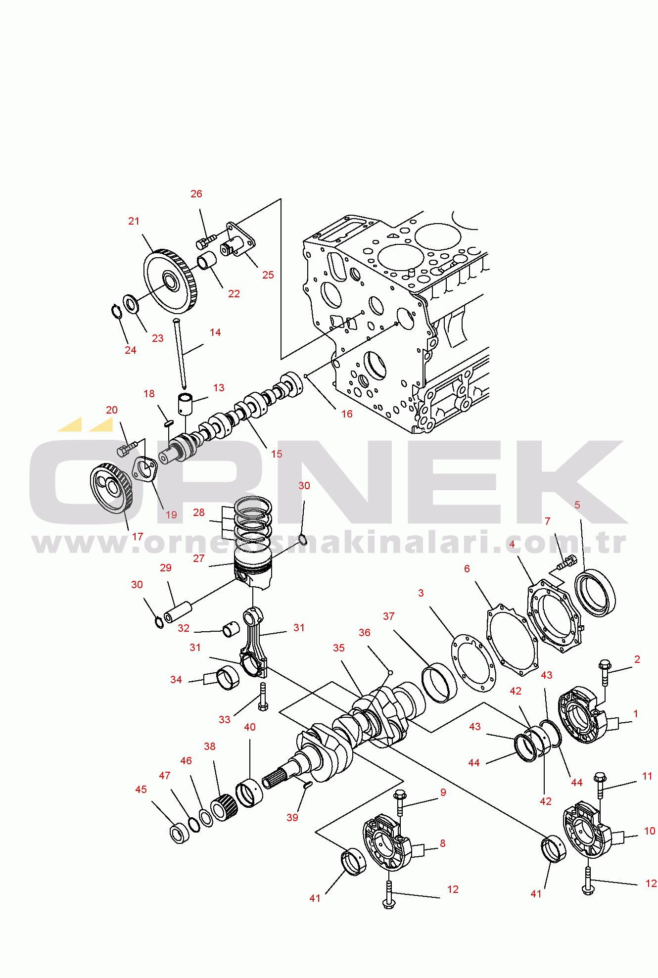 Komatsu PC14R-2 S/N F00003-UP PISTONS, CRANKSHAFT AND CAMSHAFT