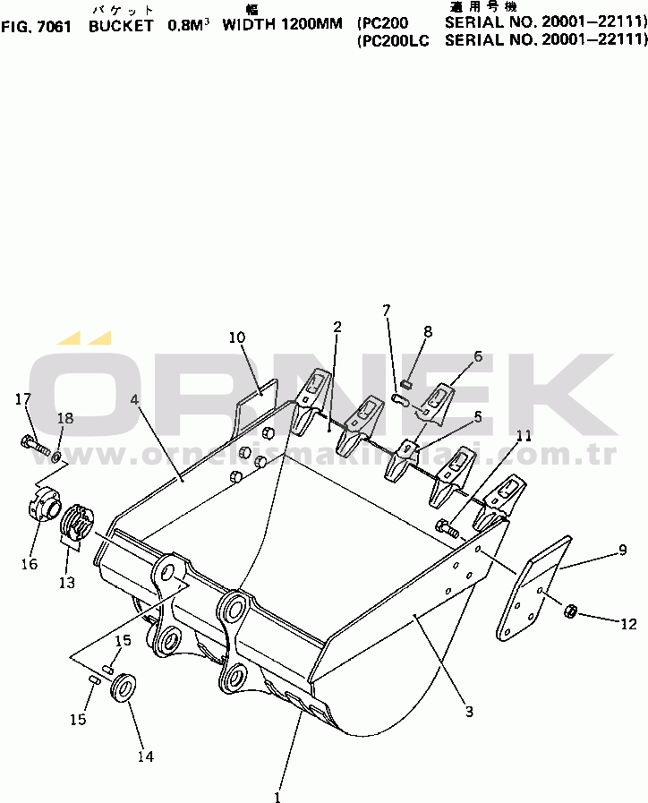 Komatsu PC200-3 S/N 20001-UP BUCKET¤ 0.8M3 WIDTH 1200MM(#20001-22111)