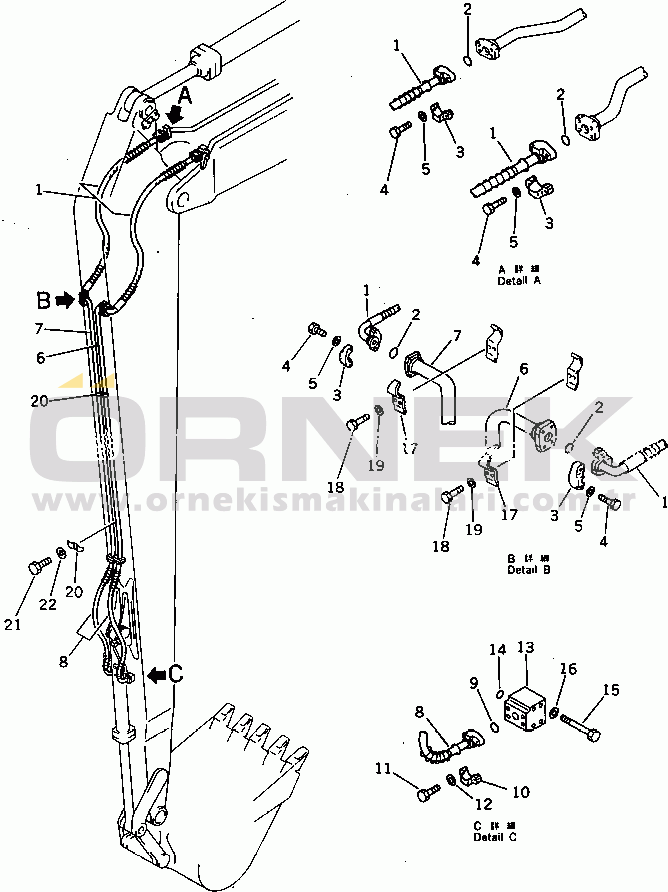 Komatsu PC200-3 S/N 20001-UP HYDRAULIC PIPING (BUCKET CYLINDER LINE) (2/2) (ATTACHMENT SIDE) (FOR 50 FEET LONG FRONT)