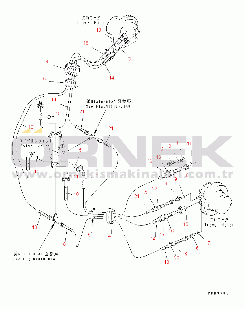 Komatsu PC200-6 S/N 80001-UP (Yurtdışı Versiyonu) TRAVEL PIPING (TRAVEL SPEED 3RD)(#91087-)