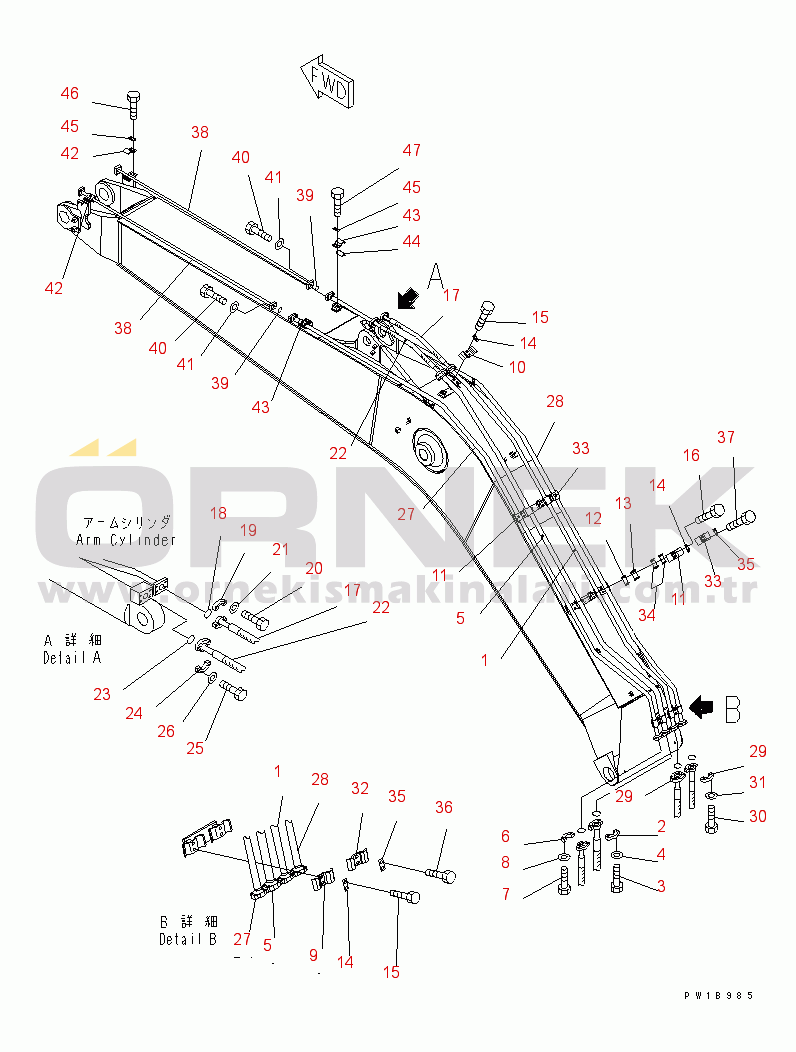 Komatsu PC200-7 S/N 200001-UP (Yurtdışı Versiyonu) BOOM (HD) (FOR ADDITIONAL PIPING) (ARM CYLINDER PIPNG AND BUCKET CYLINDER PIPING)(#200001-205850)