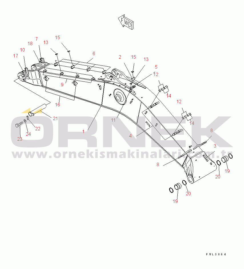 Komatsu PC600LC-6A S/N 10001-UP BOOM (7.3M) (BOOM AND TOP PIN) (FOR ADDITIONAL PIPING)