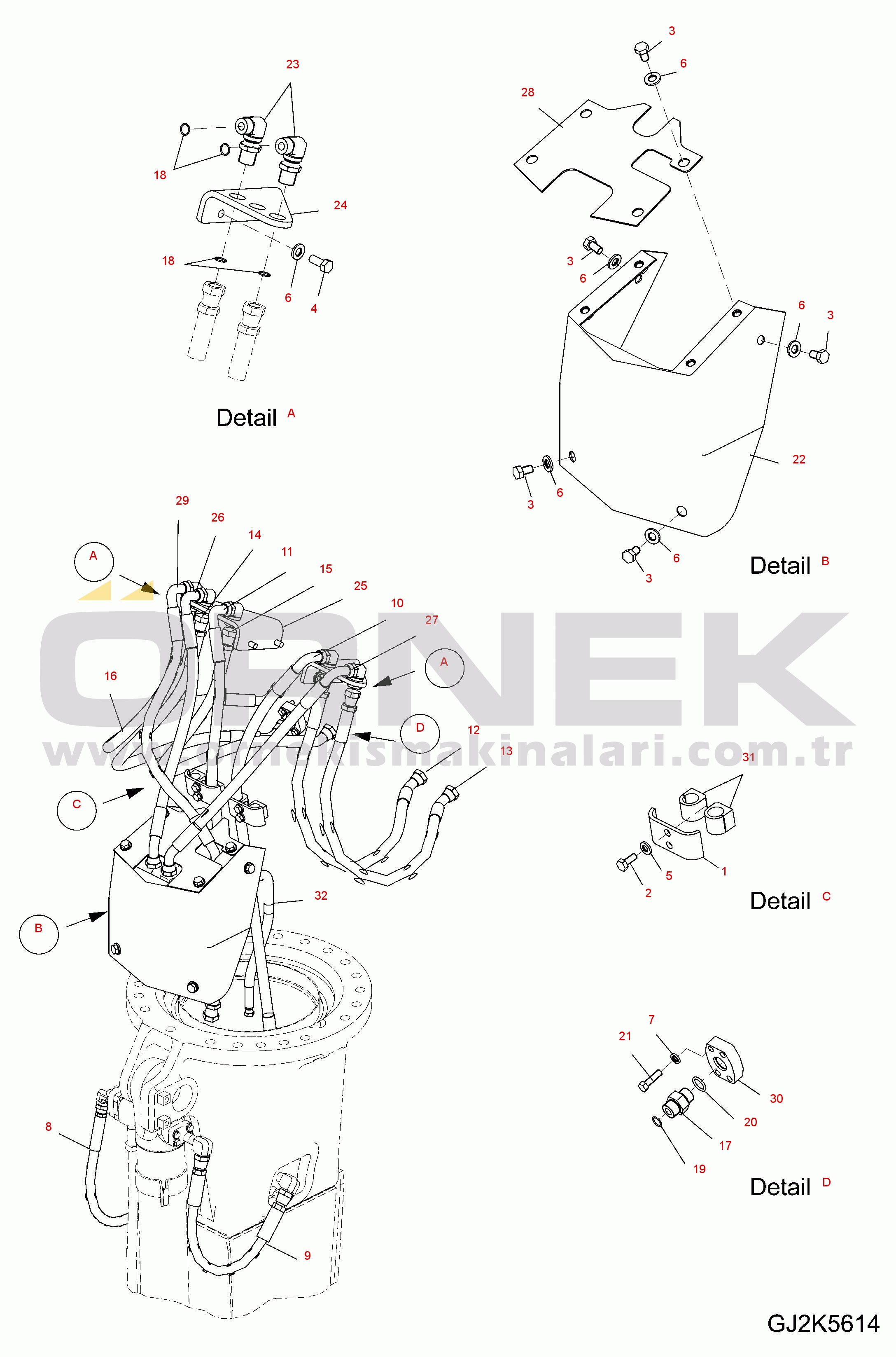 Komatsu PW140-7 S/N H55051-UP ROTATING ARM (ARM PIPING)