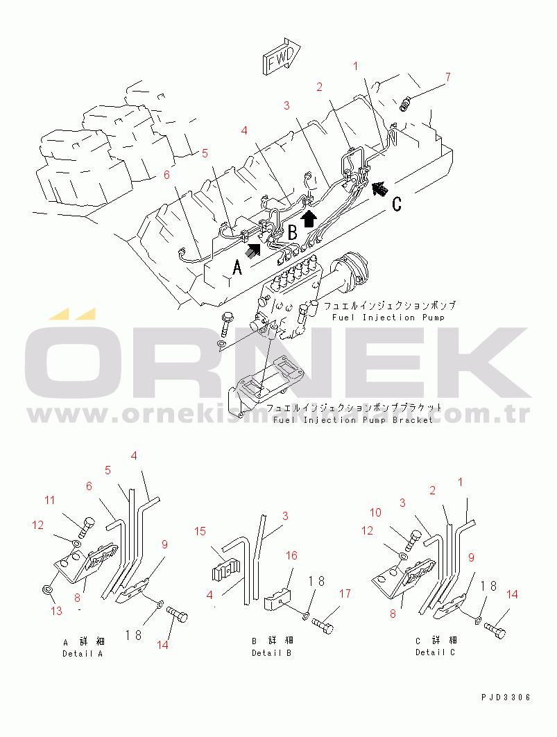 Komatsu SA12V140-1E-47 S/N 10001-UP FUEL INJECTION PUMP PIPING (2/2) (R.H. BANK)(#11062-)