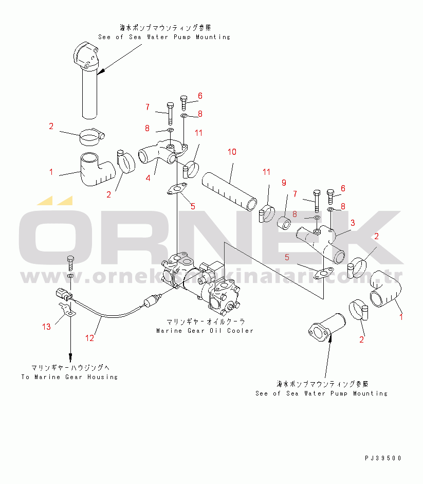 Komatsu SA6D108-1D S/N 15265-UP MARINE GEAR SEA WATER PIPING (M400-1T) (FORWARDED INDIVIDUALLY PARTS)(#19421-)